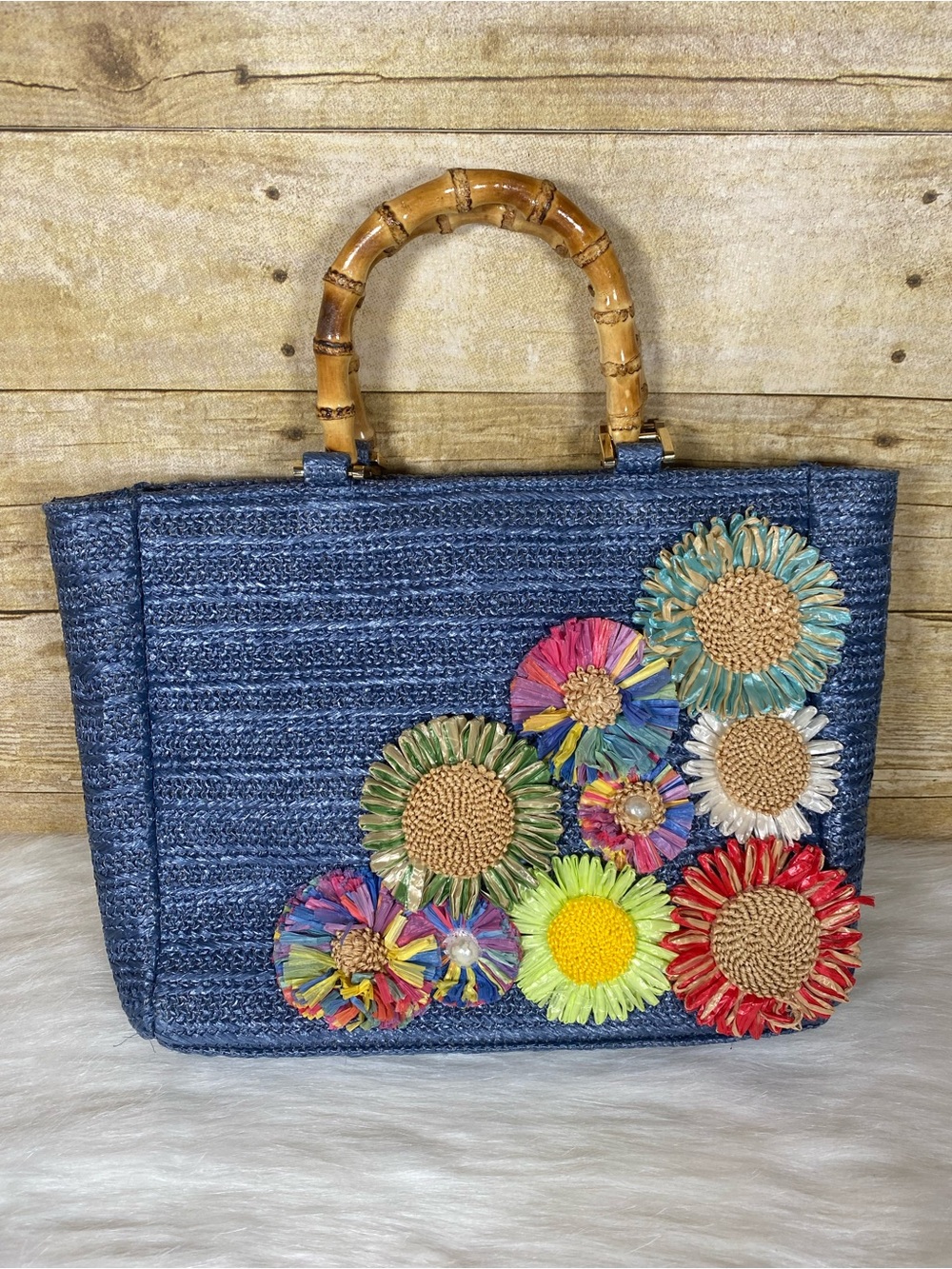 Haute Hippie Blue Straw Tote with Multicolor Floral Appliqués and Bamboo Handles